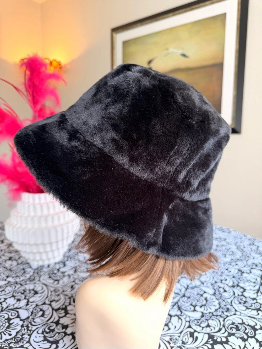 Sprigs Black Faux Fur Plush Bucket Hat Adjustable Fit